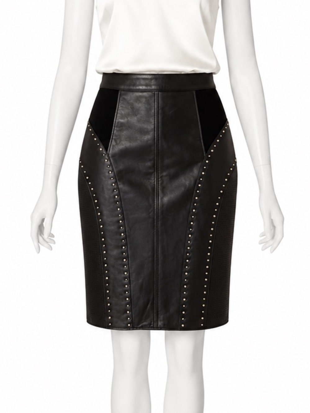 Versace Black Lambskin Leather Studded Pencil Skirt Size 44